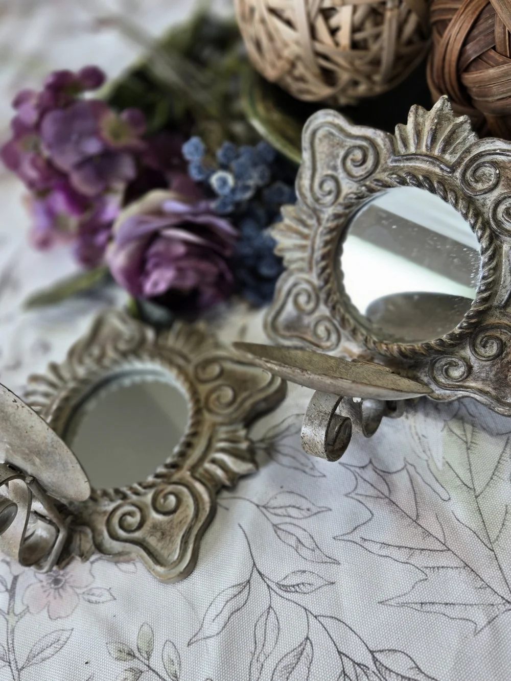 Pair of Vintage Shabby Chic Mirrored Wall Sconces - Ornate Cream Tea Light Holde